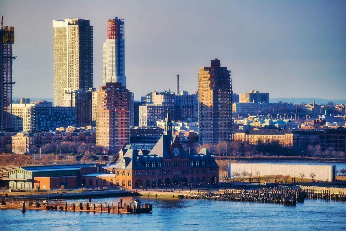 The Jersey City waterfront with the Manhattan skyline across the river