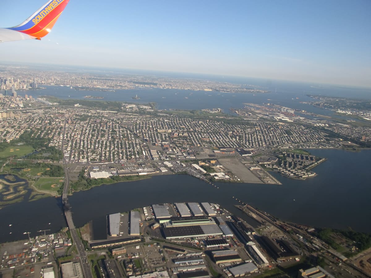 Aerial view of Greenville and the south of Jersey City, New Jersey, from a plane leaving Newark