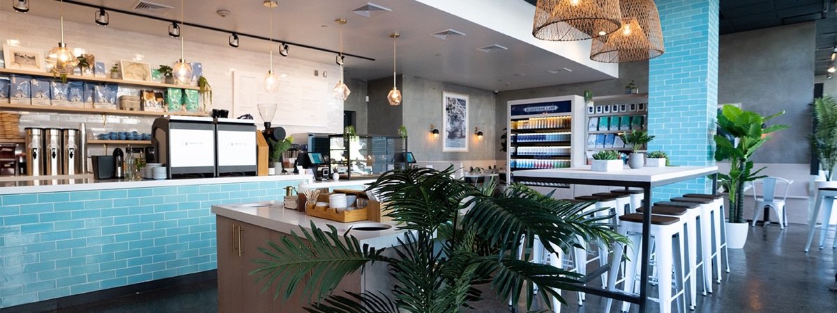 Bluestone Lane: the Jersey City cafe interior with its blue tile counter. Photo from their website.