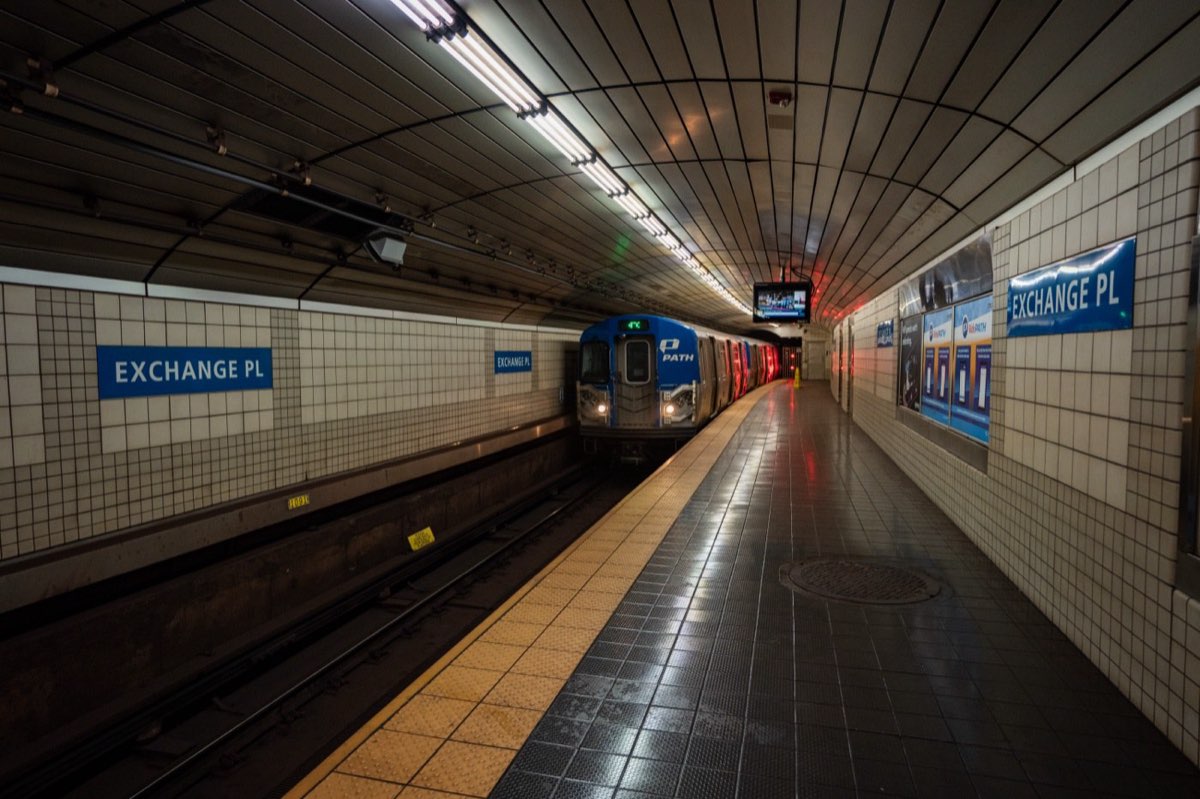 Exchange Place PATH: a PATH train arriving at the Exchange Place platform. Photo from their website.