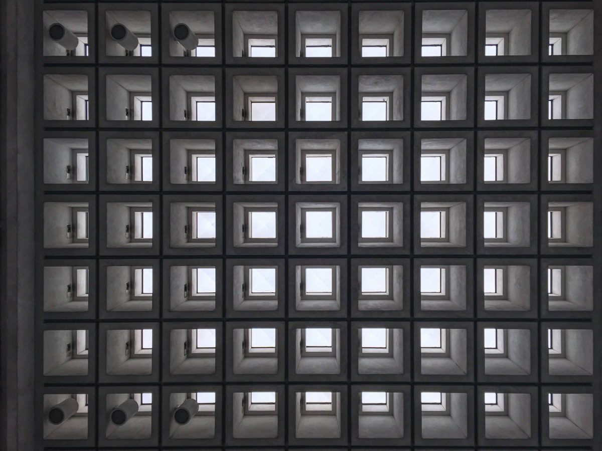 Journal Square PATH: the grid skylight ceiling of the transportation center. Photo from their website.