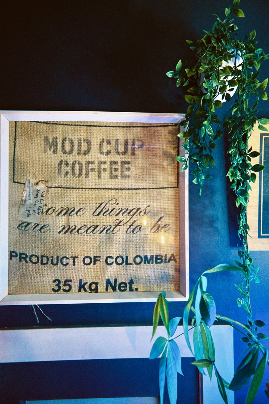 modcup coffee: framed coffee-sack decor inside the Heights cafe. Photo from their website.